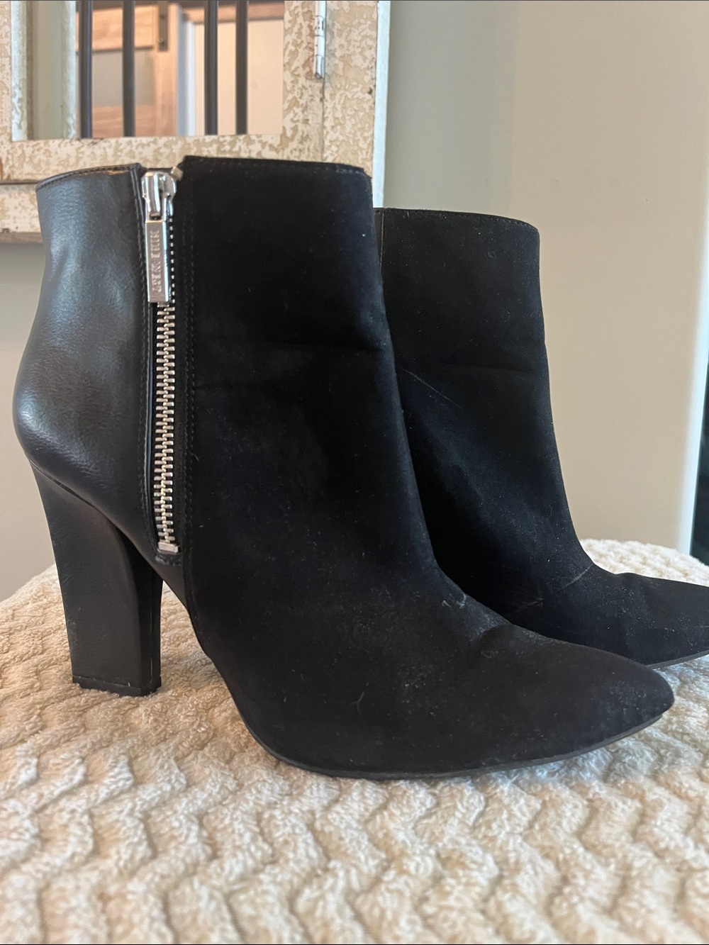 Nine West Black Suede & Leather Ankle Booties with Side Zip